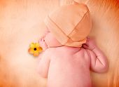 foto of time  - A young baby is sleeping on an orange bed sheet with a hat and flower - JPG 