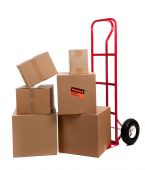 foto of box  - Moving boxes on a red dolly with fragile sticker on a white background - JPG 