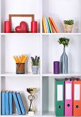 pic of objects  - Beautiful white shelves with different home related objects - JPG 
