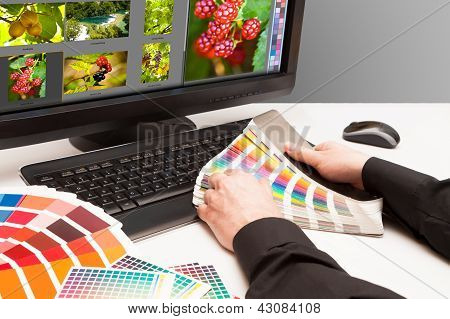 Picture or Photo of Graphic designer at work. Color samples. Photo picture fruit and nature
