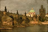 stock photo of bridge  - Vintage image of Charles Bridge in Prague - JPG 