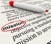image of succeed  - A dictionary page with the definition for the word Mission circled with a red marker to define a task - JPG 