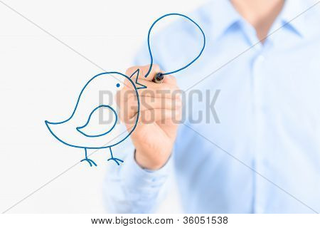 Picture or Photo of Young businessman drawing social media facebook and twitter communication concept. Isolated on white.