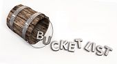 picture of spell  - A toppled over vintage bucket with letter trinkets spilling out spelling the word bucket list on an isolated background - JPG 