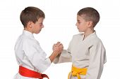 stock photo of handshake  - A portrait of handshaking boys in kimono - JPG 
