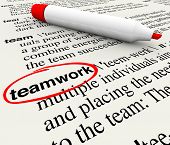 stock photo of teamwork  - A dictionary page with the word teamwork circled to give meaning to the concept of working as a team to achieve a common goal - JPG 