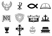 image of religion  - A set of Christian icons and symbols including dove Chi Ro fish symbol bible INRI sign trinity christogram cross communion cup ark and more - JPG 
