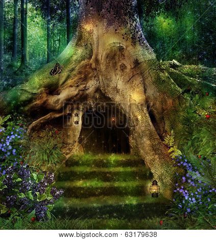 magic forest and a house in an big tree poster