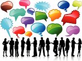 stock photo of people  - Silhouettes of business people talking with lots of speech bubbles - JPG 