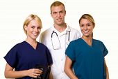 picture of medical doctors  - Two woman healthcare workers with one male in the middle wearing a doctors lab coat - JPG 