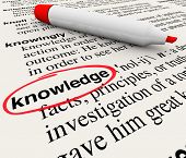 stock photo of education  - The word Knowledge circled in a dicitonary with its definition of great intelligence and understanding through learning and education - JPG 