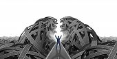 picture of leadership  - Leadership and vision with a businessman directing and showing management skills by parting the sea of tangled confused roads for business success and opening a clear path to wealth and financial freedom on a white background - JPG 