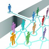 picture of gap  - Diverse people bridge a gap to connect and join social media network or merger team - JPG 