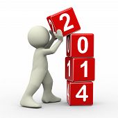 stock photo of character  - 3d render of person placing 2014 new year cubes - JPG 