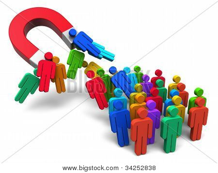 Picture or Photo of Social engineering concept: horseshoe magnet capturing crowd of color human figures isolated on white background
