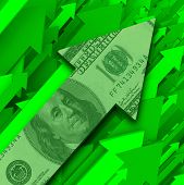 picture of investment  - A series of green arrows shoot upward to the right with one in front featuring a hundred dollar bill symbolizing rising prices or growth in investment - JPG 