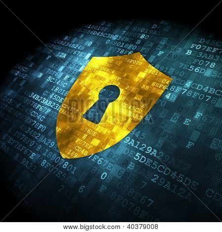 Picture or Photo of Security concept: pixelated shield with keyhole icon on digital background, 3d render
