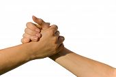 stock photo of handshake  - a handshake between two young people on white - JPG 