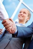 image of handshake  - Photo of successful associates handshaking after striking deal outdoors at meeting - JPG 