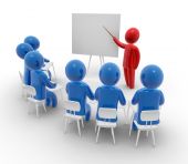 stock photo of leadership  - Teacher standing with pointer in hand close to board in front of students - JPG 