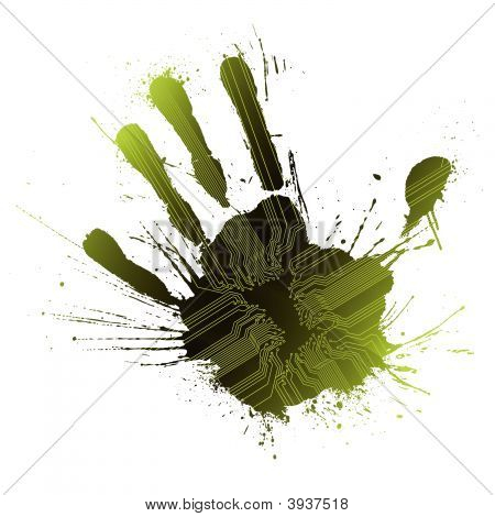 Picture or Photo of Vector illustration of a technological circuitry hand splatter with highly detailed ink explosion. Green.