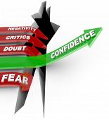 image of confident  - A green arrow marked Confidence rises above a chasm of failure - JPG 
