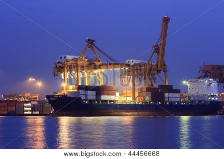 Picture or Photo of Industrial Container Cargo freight ship with working crane bridge in shipyard at dusk for Logistic Import Export background