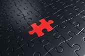 stock photo of puzzle  - 3d rendering of black puzzle pieces with one red piece - JPG 