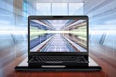 stock photo of byte  - computer technology background with laptop - JPG 