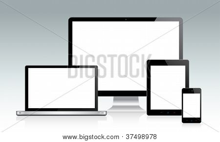 Picture or Photo of Detailed illustration of multiple devices with blank screens. Easy editable with layers...