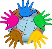 stock photo of conglomerate  - This is an illustration of a five colored hands with a ball of the orld in the background - JPG 