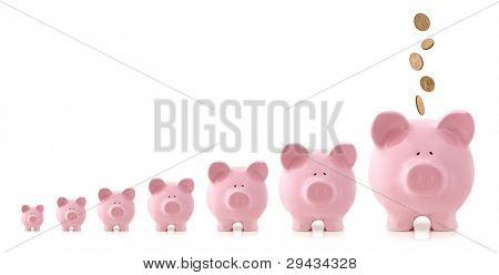 Picture or Photo of Pink piggy banks increasing in size, with coins falling into largest one.  Growing investment concept.