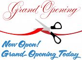 pic of opening  - Pair of scissors cut red Grand Opening ribbon border at ceremony to open new store or website - JPG 