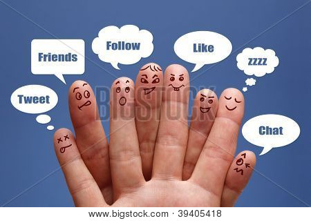 Picture or Photo of Social network concept finger people in discussion with speech bubbles
