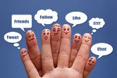 image of network  - Social network concept finger people in discussion with speech bubbles - JPG 