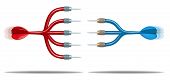 stock photo of competition  - Increased competition and competitive advantage business and finance concept with a three pronged dart competing with a superior red arrow with five needles - JPG 