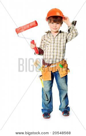 Picture or Photo of Little boy with helmet and tools. isolated on white.