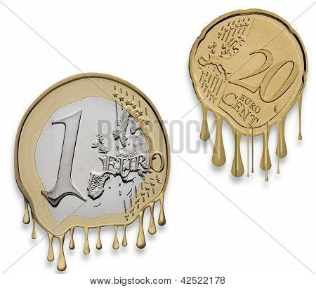 Picture or Photo of One Euro Coin and 20 Euro Cent Coin Melted - Simbolyzing Euro Currency Crisis
Isolated on White, With Clipping Path