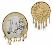pic of currency  - One Euro Coin and 20 Euro Cent Coin Melted - Simbolyzing Euro Currency Crisis
Isolated on White, With Clipping Path - JPG 