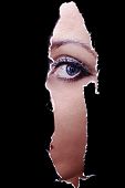 picture of hole  - One eye of a young woman spying through a hole in the wall - JPG 