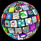 image of world  - Many application tiles in a spherical pattern representing a world of available apps - JPG 