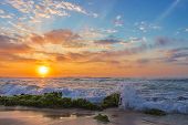 stock photo of beach  - Beautiful sunrise over mossy rocks at Sandy Beach in Oahu - JPG 