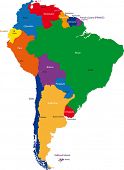 stock photo of map  - Colorful South America map with countries and capital cities - JPG 