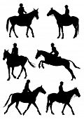 stock photo of horse  - Six silhouettes of jockey riding race horse - JPG 