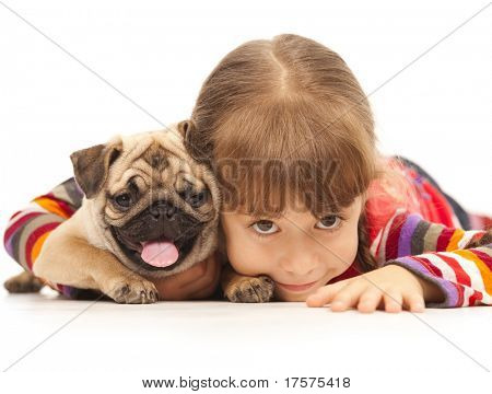 Picture or Photo of Little girl and the Pug-dog isolated on a white background