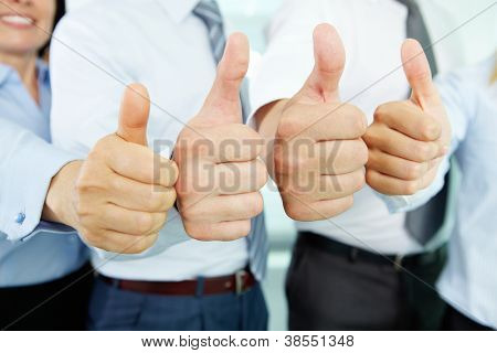Picture or Photo of Close-up of business team holding their thumbs up