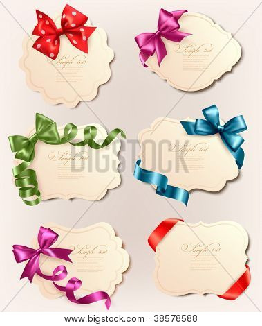 Picture or Photo of Set of beautiful retro labels with colorful gift bows with ribbons. Vector illustration.