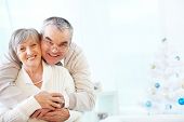 picture of bond  - Portrait of a happy senior couple embracing and looking at camera - JPG 