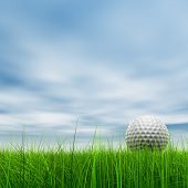 pic of golf  - High resolution 3d white golf ball in green grass on a blue sky with clouds - JPG 