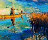 picture of rush  - Original oil painting showing beautiful lakesunset landscape - JPG 